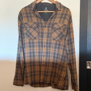Men’s Kuhl Tan and Gray Plaid Shirt (L)